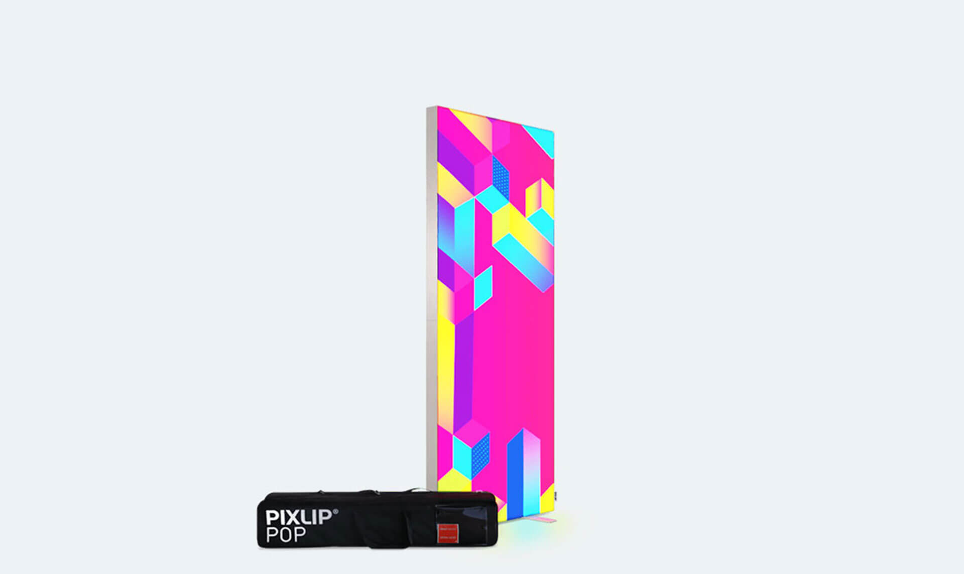 Pixlip Pop Lightbox mit Textildruck, daneben Pixlip Pop Tasche